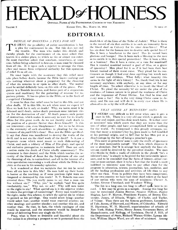 Title Page of Herald of Holiness - March 18, 1914